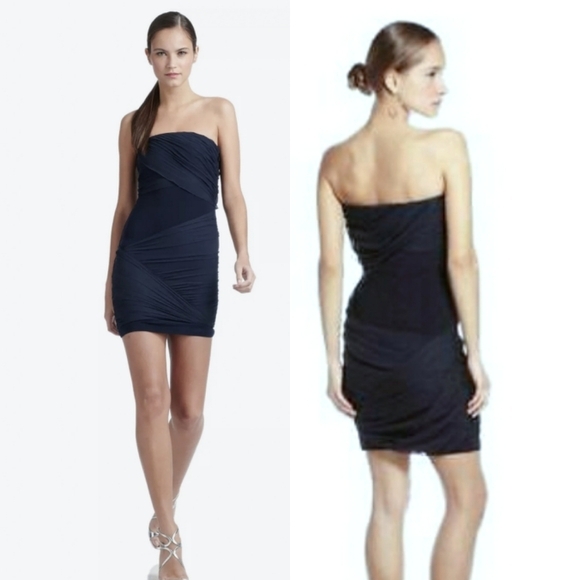 NWOT Alice & Olivia Navy Blue‎ Silk Draped Sexy Bodycon Mini Strapless Dress - Picture 2 of 8
